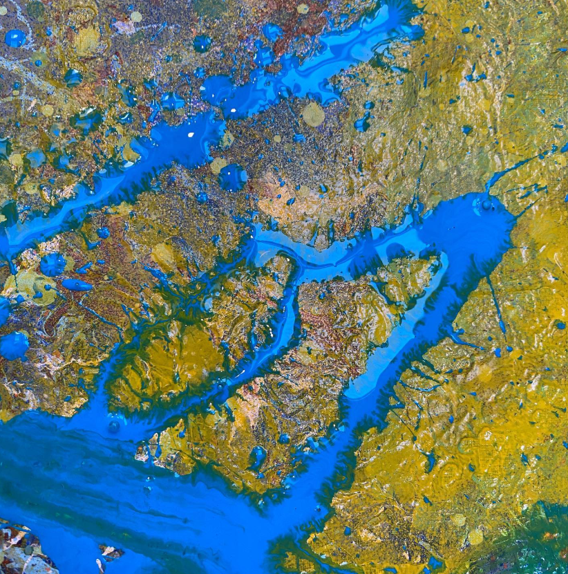 Close-up of bright blue paint pooling and flowing through an ochre, green and earthy ground